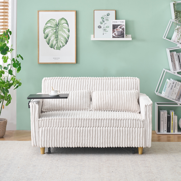 The pull-out and push-in beige corduroy sofa with dual functions, equipped with a movable tabletop and USB ports, is suitable for use in living rooms and bedrooms.