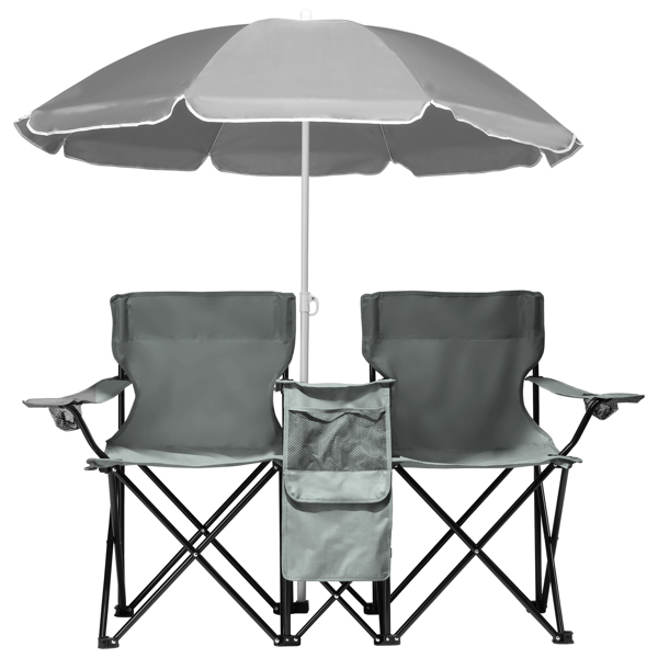 Portable Outdoor 2-Seat Folding Chair with Removable Sun Umbrella Grey