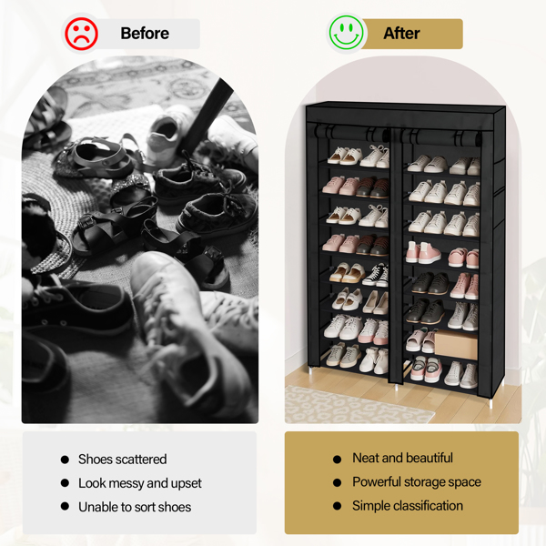 FCH Double Row 10-Tier Non-Woven Fabric Shoe Cabinet with Iron Pipes and Plastic Components, Black