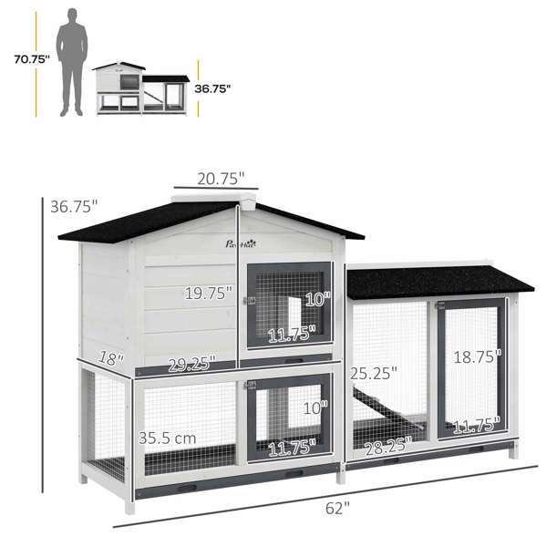 62" Rabbit Hutch, Wooden Bunny Hutch, Guinea Pig Cage, Small Animal Enclosure with Run Area, Removable Tray, Asphalt Roof, Lockable Doors and Ramp, White