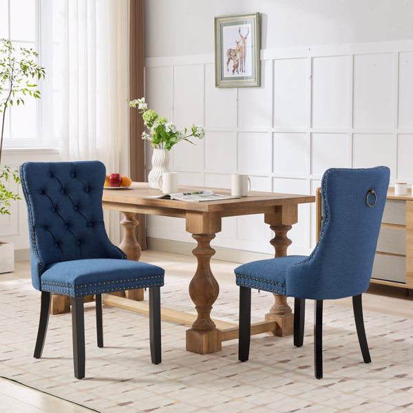 Modern, High-end Tufted Solid Wood Contemporary Flax Upholstered Linen Dining Chair with Wood Legs Nailhead Trim 2-Pcs Set,Blue Linen, SW6801BL