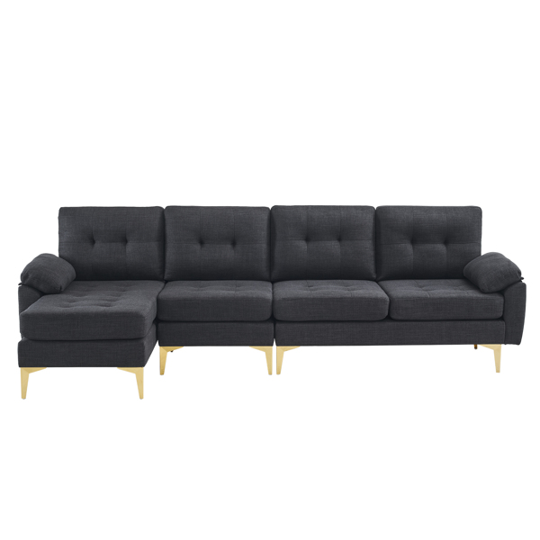 L-Shaped Sectional Sofa Couch for Living Room, Modern 4-Seater Tufted Linen Lounge Sleeper with Chaise, Black