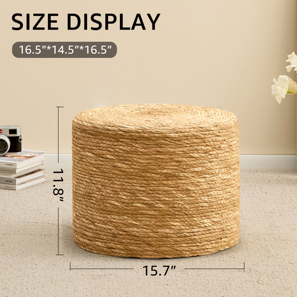 Round Pouf Ottoman, Natural Hand Knitted Footrest Poof, Rustic Lounge Pouffe, Boho Pous Foot Stool, Accent Table or Seat (Natural Water Hyacinth, 15.7 * 15.7 * 11.8)