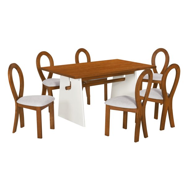 Modern 7-Piece Dining Table Set with Trestle Dining Table and 6 Upholstered Dining Chairs, Compact Kitchen Table Set for 6, Brown