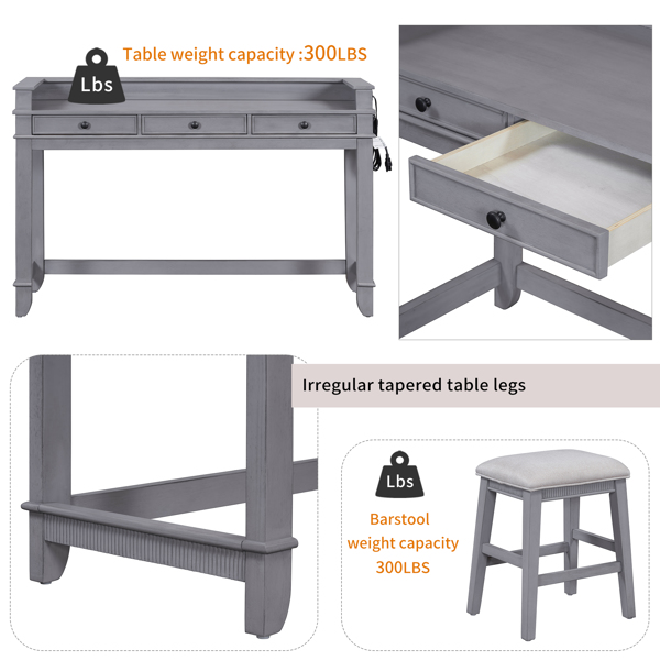 4-piece Dining Bar Table Set with 3 Upholstered Stools, Multifunctional Dining Table with 3 Drawers (Gray)