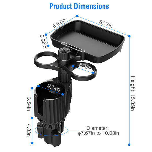 4-in-1 Car Cup Holder Tray Food Table Phone Hold Car Expander Detachable 360 Degree Rotatable Expandable Base Car Desk