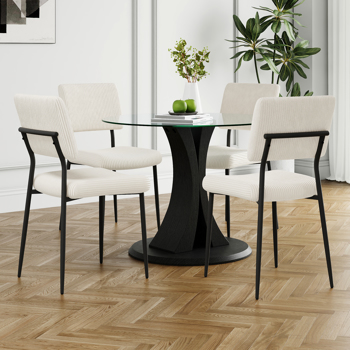 Modern simple table with a glass round table and four chairs. Transparent tempered glass countertop, black wood grain spray legs, suitable for kitchen living room dining room (set of 5)