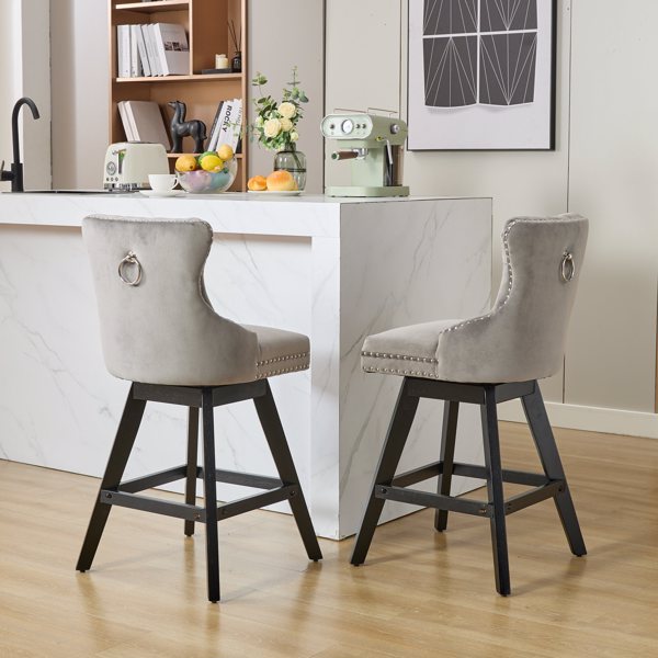 Swivel Velvet Barstools with Button Tufted Decoration and Wooden Legs, and Chrome Nailhead Trim, Leisure Style Bar Chairs,Bar stools, Set of 2 (Gray)