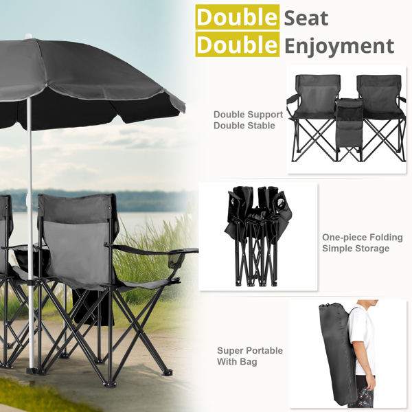 Portable Outdoor 2-Seat Folding Chair with Removable Sun Umbrella Black