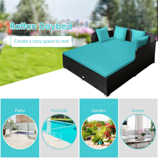 Turquoise Outdoor Rattan Daybed with Upholstered Cushions