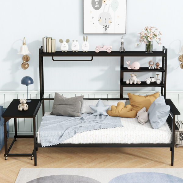 Twin size Metal Daybed with Movable Desk, Metal Grid, Shelves and Clothes Hanger, Black