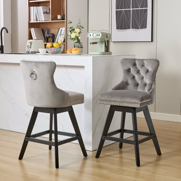 Swivel Velvet Barstools with Button Tufted Decoration and Wooden Legs, and Chrome Nailhead Trim, Leisure Style Bar Chairs,Bar stools, Set of 2 (Gray)