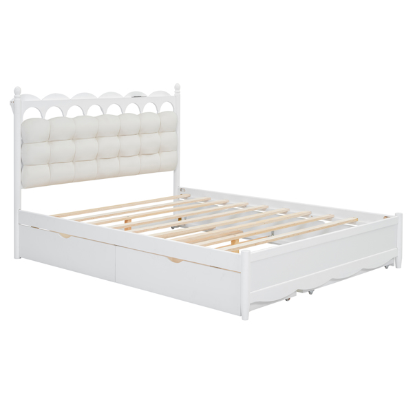 Queen Size Wooden Storage Platform Bed, with 2 Big Drawers, Twin-XL Size Trundle, White