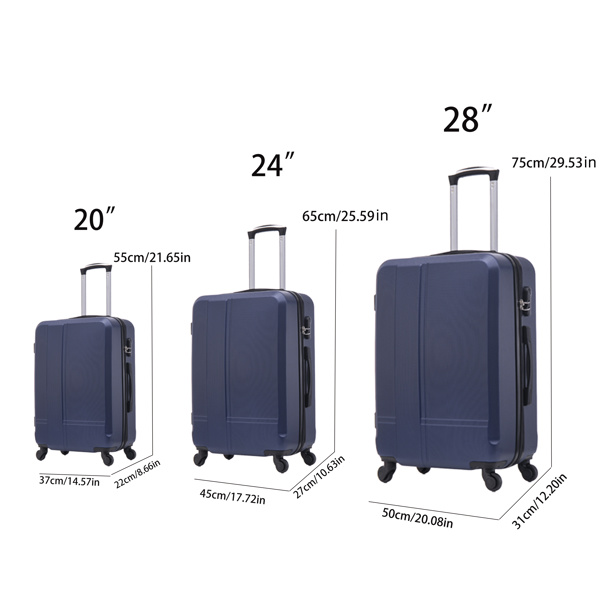 Luggage set of 3 pieces (20/24/28) - Luggage set - Wheel luggage - ABS durable and lightweight rotating hard shell luggage (blue)