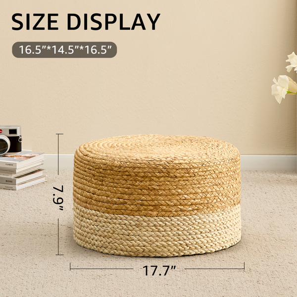 Round Pouf Ottoman, Natural Hand Knitted Footrest Poof, Rustic Lounge Pouffe, Boho Pous Foot Stool, Accent Table or Seat (Natural Cattail + White Corn Husk, 17.7 * 17.7 * 9.84)