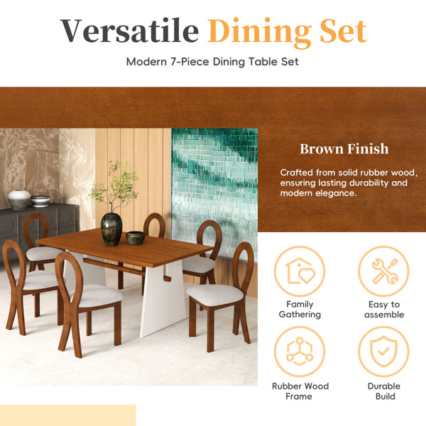 Modern 7-Piece Dining Table Set with Trestle Dining Table and 6 Upholstered Dining Chairs, Compact Kitchen Table Set for 6, Brown