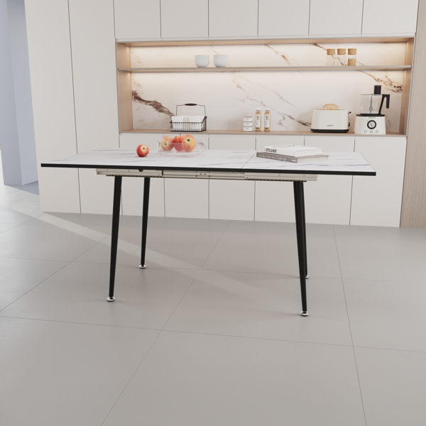 47" expandable to 63" inch MDF square white marble patterned dining table, modern industrial kitchen and dining table, equipped with tapered black metal legs,suitable for living rooms, gatherings, etc