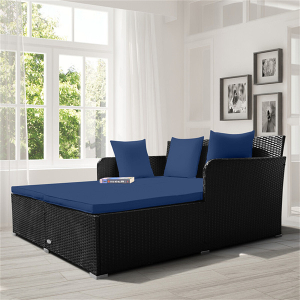 Navy Outdoor Rattan Daybed with Upholstered Cushions