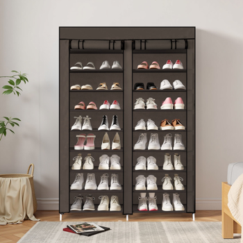 FCH Double Row 10-Tier Non-Woven Fabric Shoe Cabinet with Iron Pipes and Plastic Components, Brown