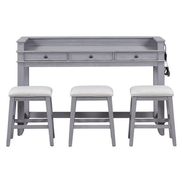 4-piece Dining Bar Table Set with 3 Upholstered Stools, Multifunctional Dining Table with 3 Drawers (Gray)