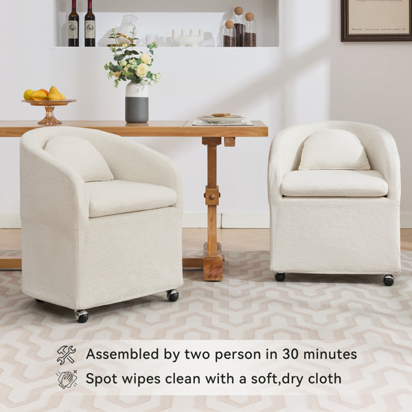 059-Set of 1 Chenille Fabric Dining Armchair With Back Cushion and Universal Wheels,Beige