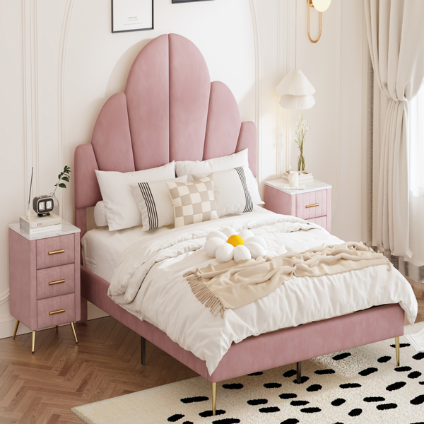 Queen Size Upholstered Bed Frame with Elegant Design, Modern Velvet Platform Bed with Petal Shape Headboard,Pink