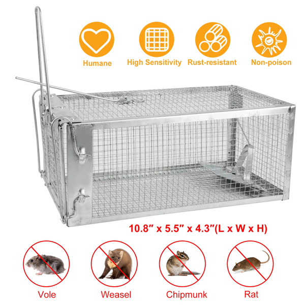 Rat Trap Cage Humane Live Rodent Trap Cage Galvanized Iron Mice Mouse Control Bait Catch with Detachable U Shaped Rod