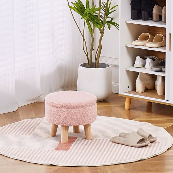 Storage Ottoman, Modern Round Footrest with Soft Padded Seat, Teddy Velvet Footstool with Wood Legs, Accent Small Table or Plant Stand for Hallway, Living Room (Pink)