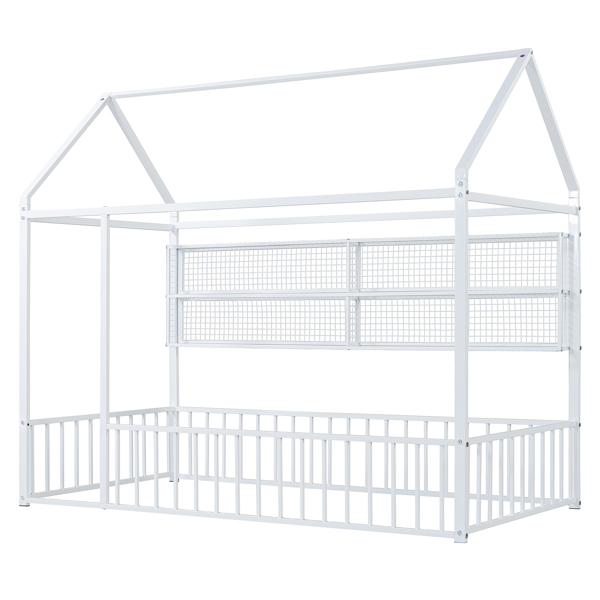 Twin Size Metal Bed House Bed Frame with Fence and Shelves, White