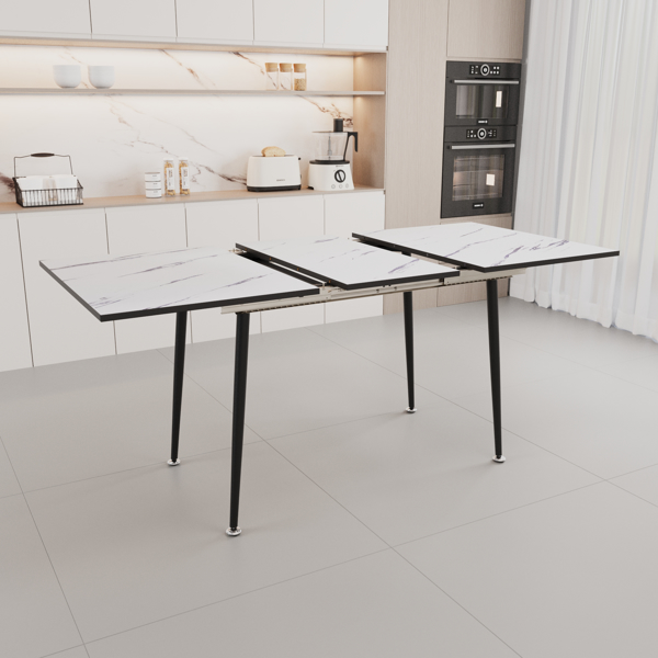 47" expandable to 63" inch MDF square white marble patterned dining table, modern industrial kitchen and dining table, equipped with tapered black metal legs,suitable for living rooms, gatherings, etc