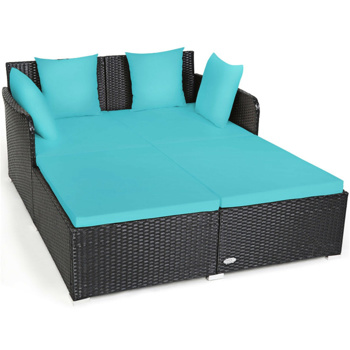 Turquoise Outdoor Rattan Daybed with Upholstered Cushions