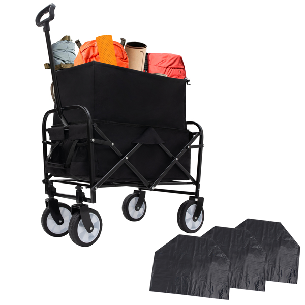 Multi-use Bag Collapsible Foldable Wagon Cart Beach Wagon Heavy Duty Utility Cart Utility Wagon Grocery Cart for for Camping ,3pcs  plastic Liner bag /Cover ,black