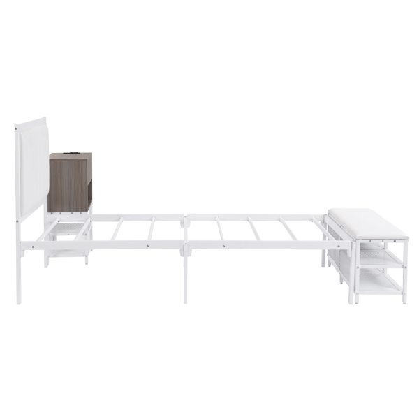 Twin size Metal Platform Bed with Two-Tier Storage Shelves, Wooden Storage Cabinet, White