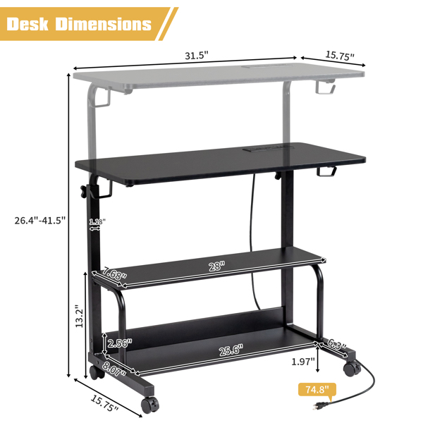 FCH Black Wood Grain P2 15MM Particle Board with Melamine Coating Adjustable Computer Desk with 3 USB + 2 AC Outlets