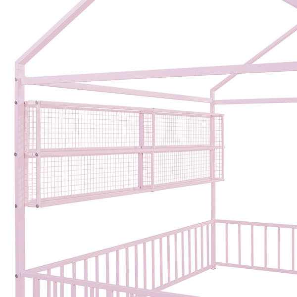 Full Size Metal Bed House Bed Frame with Fence and Shelves, Pink