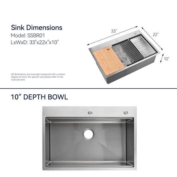 Kitchen Sink 33" x 22" Multifunctional Undermount Workstation S304 Stainless Steel Handmade Single Bowl with Accessories and Integrated Ledge - 10 Inch Depth[Unable to ship on weekends]