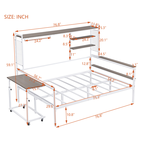 Full size Metal Daybed with Movable Desk, Metal Grid, Shelves and Clothes Hanger, White