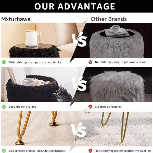 Faux Fur Storage Ottoman Round Furry Vanity Stool Marble Grain Tray Coffee Table Compact Footrest Stool with 4 Metal Legs Soft Makeup Seat Foot Stools for Living Room Bedroom Entryway Black