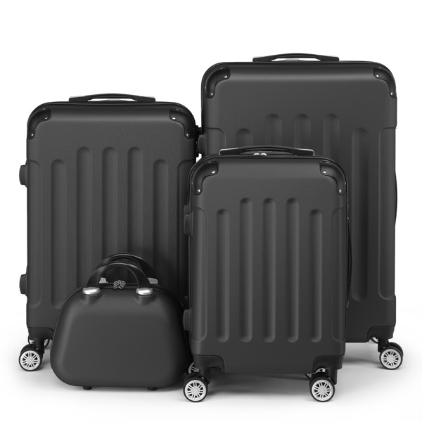 FCH Corner-Protected Four-Piece Set ABS Luggage 20in, 24in, 28in + 12in Handbag with ABS Material and Steel Telescopic Handle in Classic Black