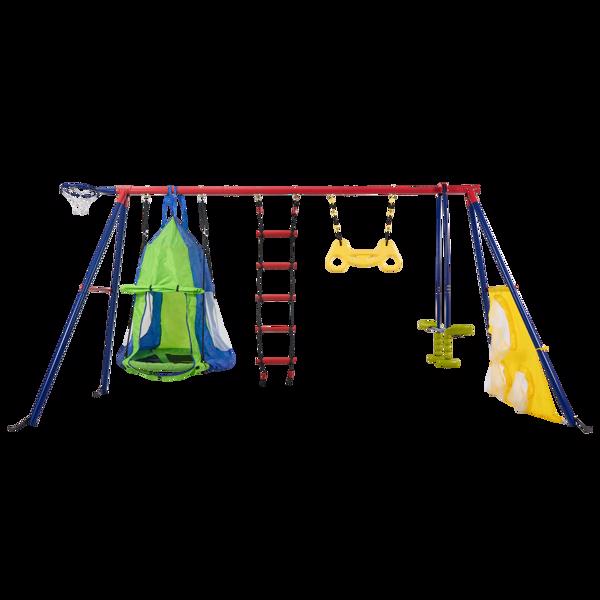 XNS092 rinbow colour interesting four function swingset with net swing and face to face metal plastic safe swing seat 550lbs for outdoor playground for age 3+