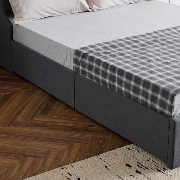 Upholstered Queen Platform Storage Bed Frame with 4 Drawers, Wingback Headboard with Button Tufted Design, Wooden Slat Support, No Box Spring Needed, Dark Grey