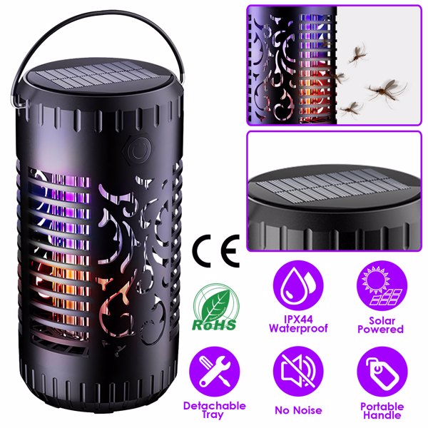 Solar Bug Zapper Garden Flame Flying Insect Killer Lamp Torch Mosquito Killer Trap with 2 Light Modes 600V Grid Handle Detachable Tray