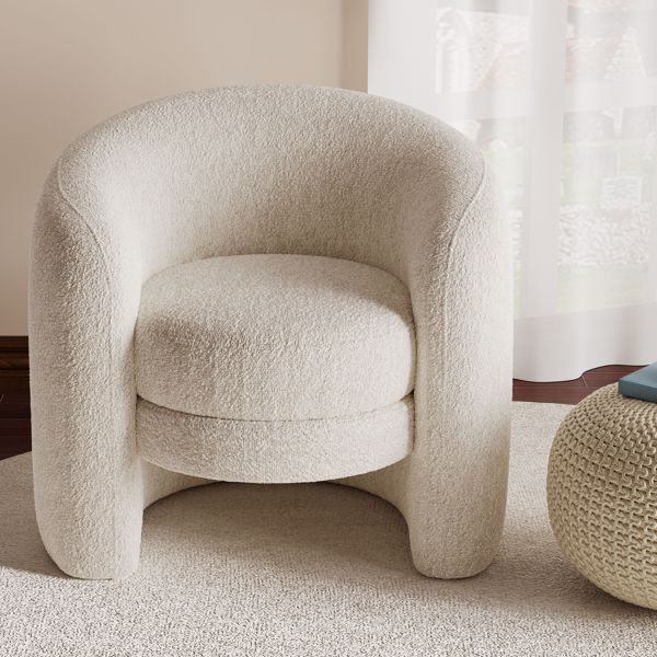 Modern Curved Back Upholstered Accent Chair, Soft Cozy Boucle Fabric, Comfortable Plush Seating, No Assembly Required, Versatile Style for Living Room/Reading Room/Bedroom, Ivory