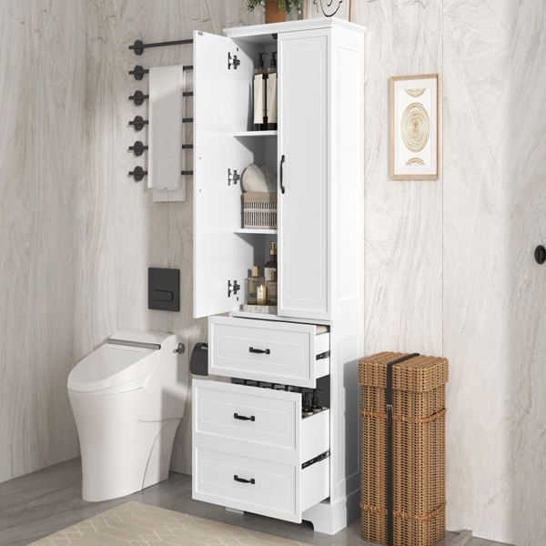 Tall Bathroom Storage Cabinet, Cabinet with Two Doors and Drawers, Adjustable Shelf, MDF Board, White