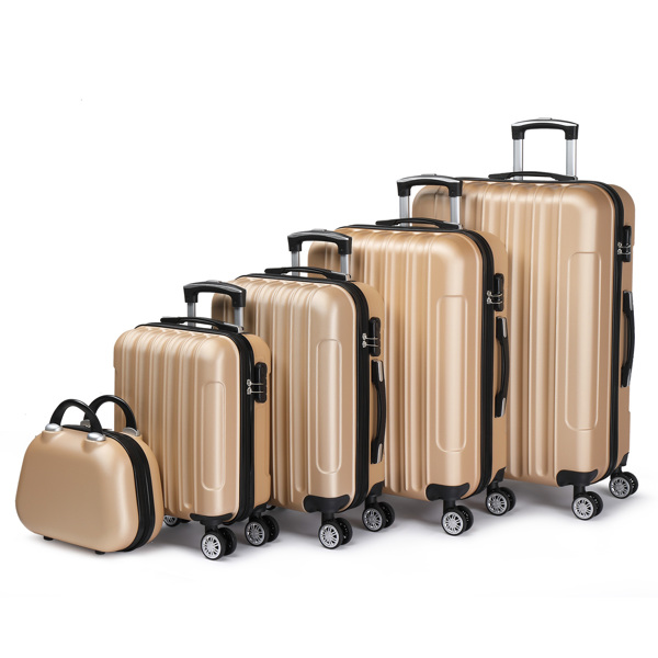 FCH Vertical Stripe Five-Piece Set ABS Luggage 16in, 20in, 24in, 28in + 12in Handbag with ABS Material and Steel Telescopic Handle in Trendy Champagne Gold