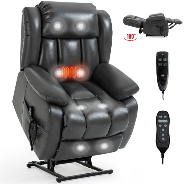 Dual Motor Infinite Position Up to 350 LBS Electric Medium size Leatheraire Grey Power Lift Recliner Chair with 8-Point Vibration Massage and Lumbar Heating