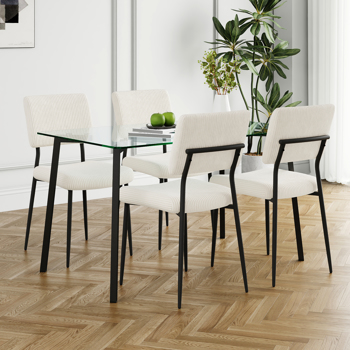 Modern simple table with a glass square table and four chairs. Transparent tempered glass countertop, black metal legs, suitable for kitchen living room dining room (set of 5)