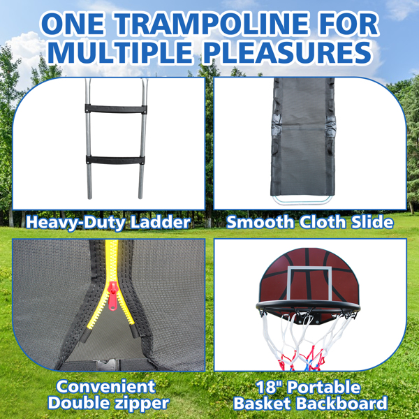 10FT Trampoline with Enclosure - Recreational Trampolines with Ladder and Anti Rust Coating, Pumpkin-shaped Trampoline with Slide and Basket Board, ASTM Approval Outdoor Trampoline for Kids