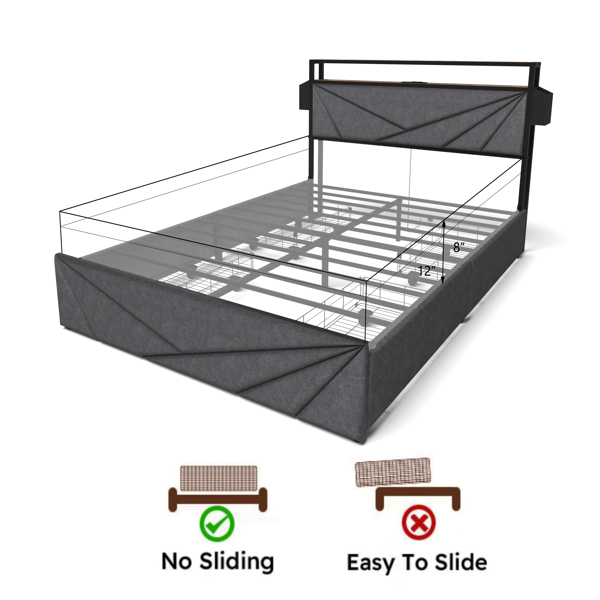 Full Bed Frame, Storage Headboard with Charging Station, Solid and Stable, Noise Free, No Box Spring Needed, Easy Assembly