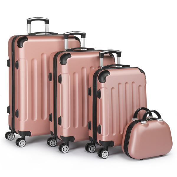 FCH Corner-Protected Four-Piece Set ABS Luggage 20in, 24in, 28in + 12in Handbag with ABS Material and Steel Telescopic Handle in Trendy Rose Gold